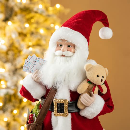 Glitzhome® 18" Faux Fur Christmas Mail Santa Figurine